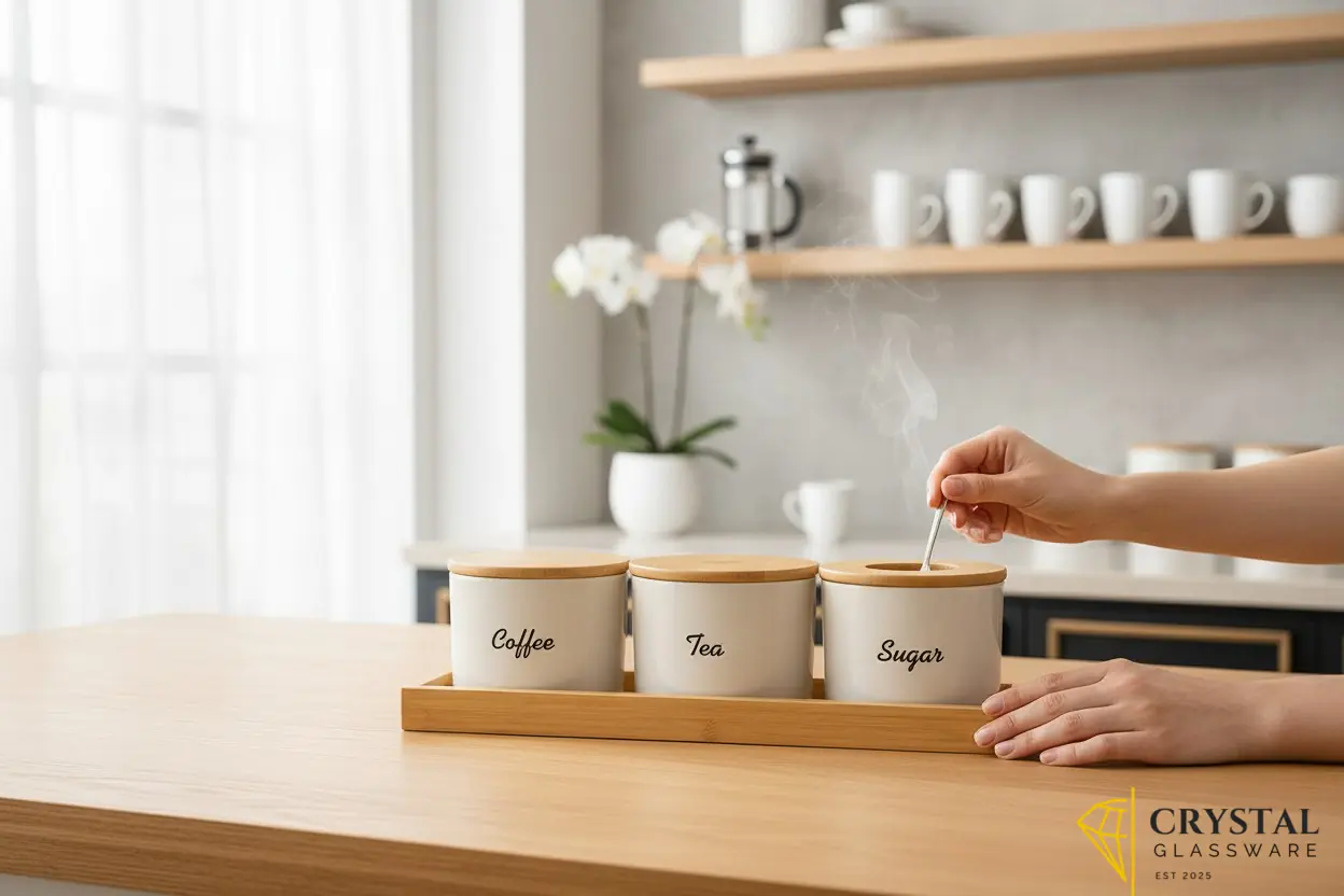 StyleServe kitchen canister set includes three white jars with script labels and matching bamboo lids